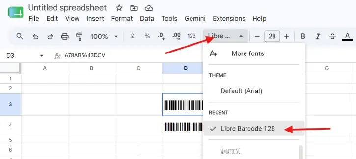 Create barcode in Google Sheets using special font