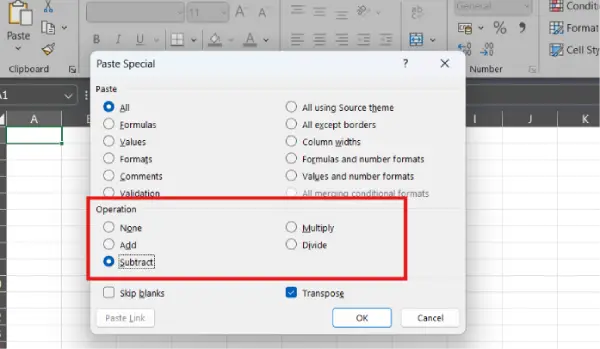Paste Operations in Excel