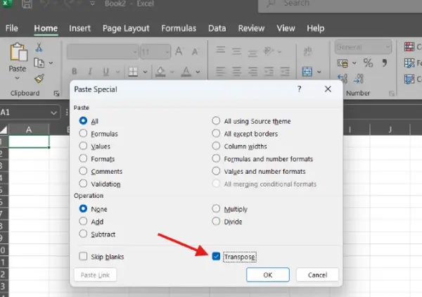Use Transpose in Excel