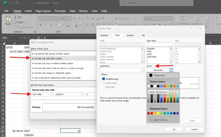 Use conditional formating to hide zeros from Excel spreadsheet