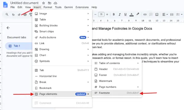 Add footnotes in Google Docs