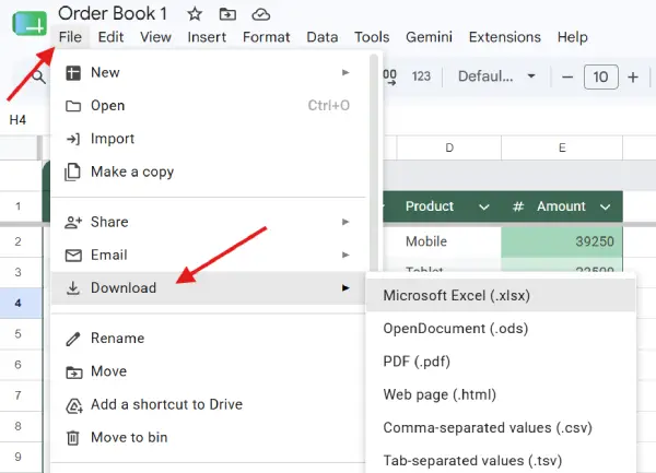 Download Sheets in Excel or PDF