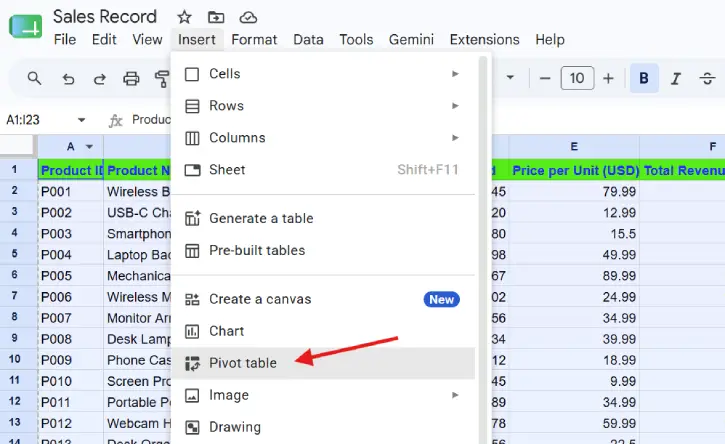 Insert a Pivot Table in Google Sheets