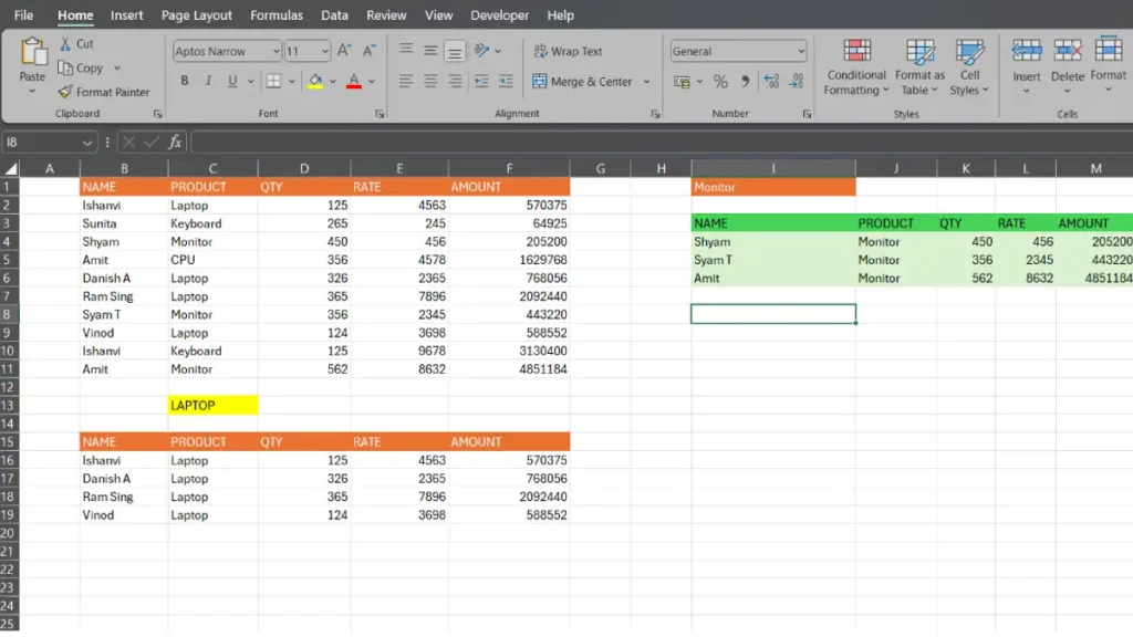 Excel dynamic filters