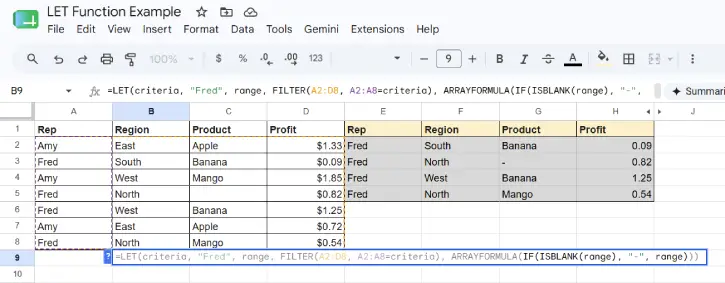 Google Sheets LET function example