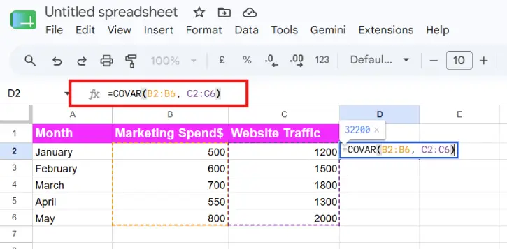 How to Use COVARIANCE Function in Google Sheets