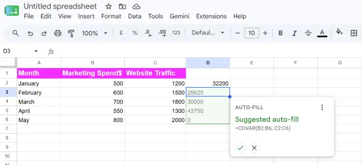 How to Use COVARIANCE Function in Google Sheets