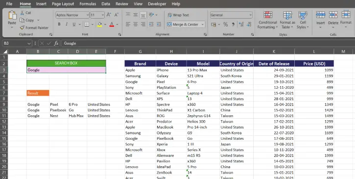 Search Box in Excel