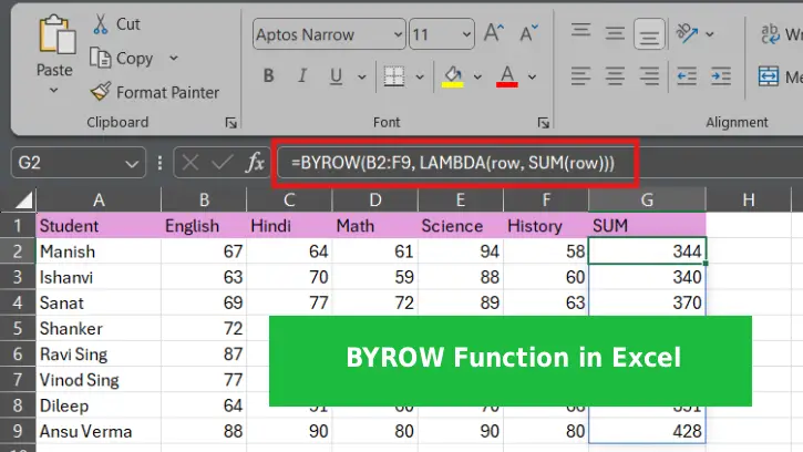 Use BYROW function in Excel instead of SUM