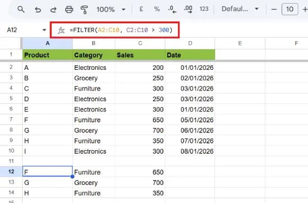 Google Sheets FILTER Function