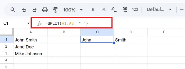 Google Sheets SPLIT Function