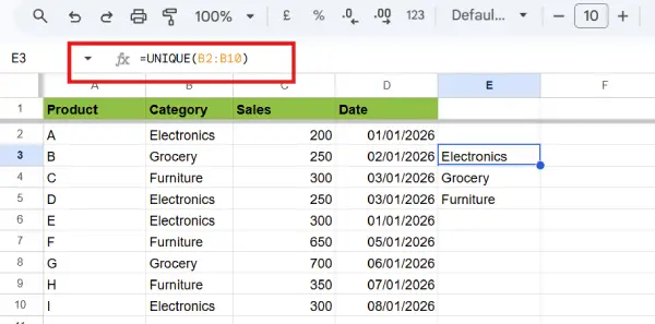 Google Sheets UNIQUE Function