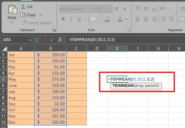 How TRIMMEAN Works in Excel/LibreOffice Calc