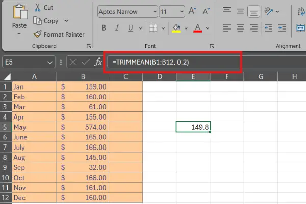 How TRIMMEAN Works in Excel/LibreOffice Calc