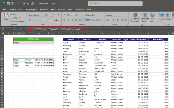 Add a search box in Excel spreadsheet