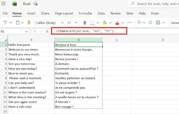 How to use translate formula in Excel