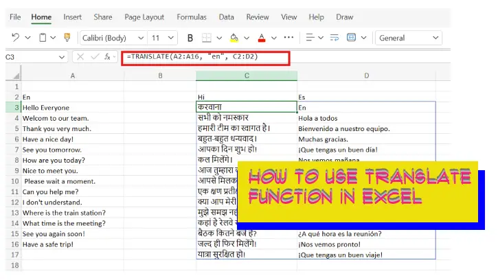Translate function Excel