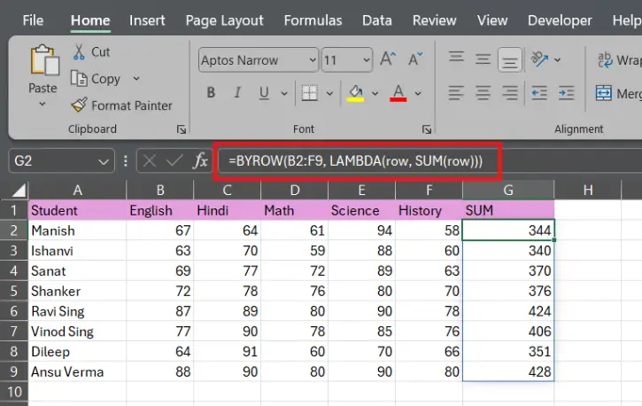 Use BYROW function in Excel instead of SUM
