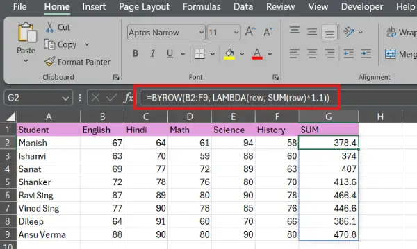 Use BYROW function in Excel instead of SUM