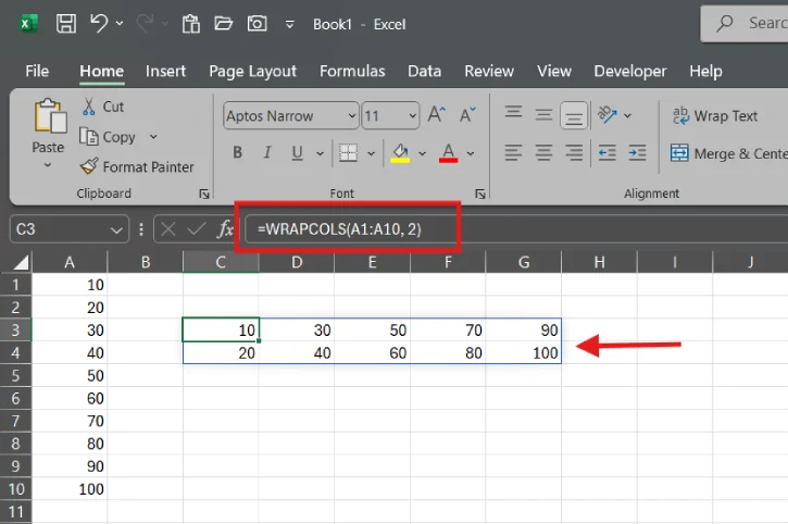 Excel's WRAPCOLS Function Example