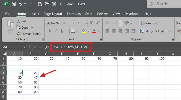 Excel's WRAPROWS Function Example
