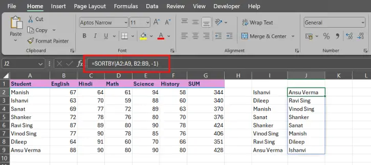SORTBY function Excel 2