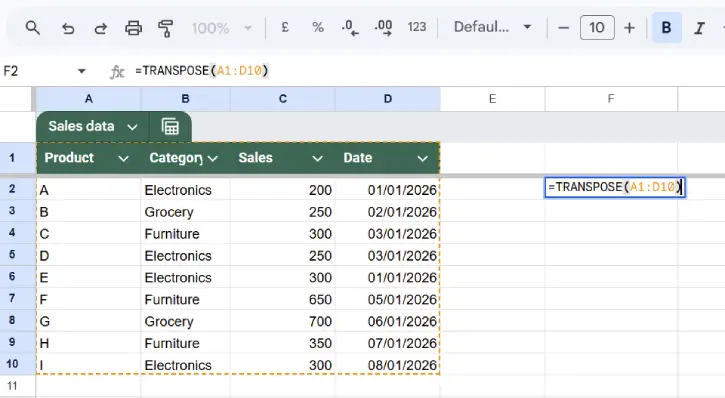 Transpose Rows and Columns in Google Sheets 