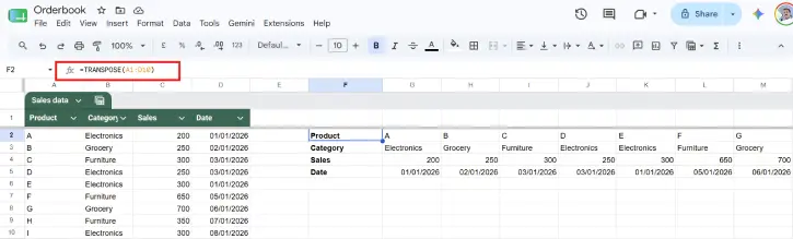 Transpose Rows and Columns in Google Sheets 