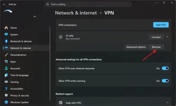 Disconnect and remove VPN
