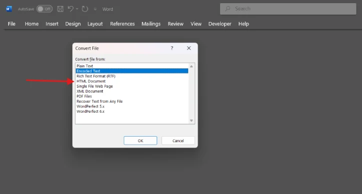 File conversion option in Word