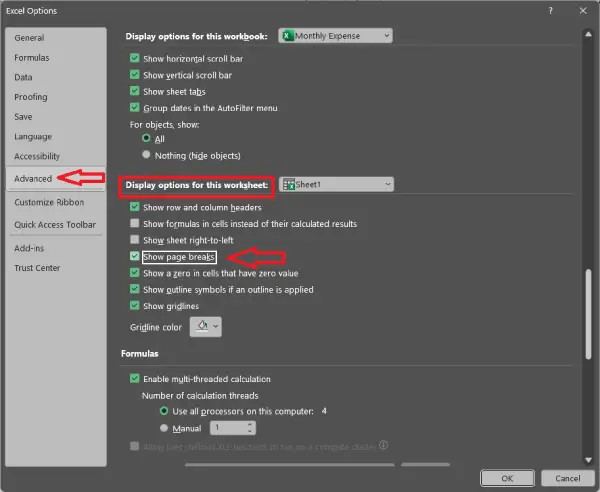 Enable page break in Excel spreadsheet