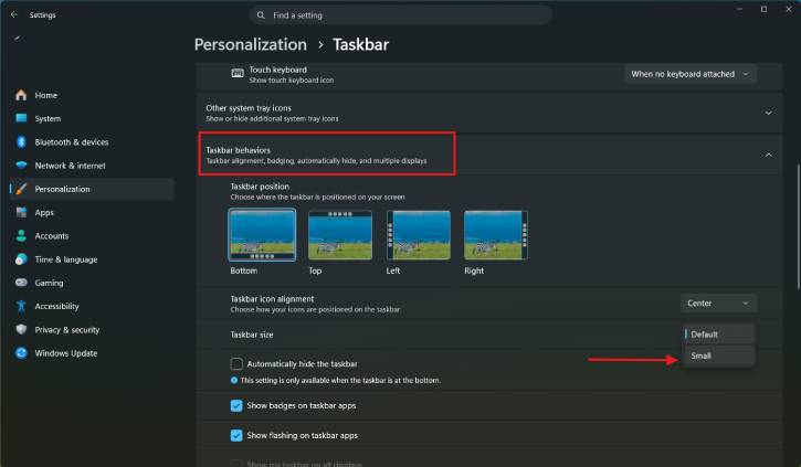 Make taskbar smaller in Windows 11