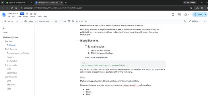 Markdown file editing in Docs